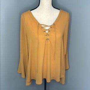 ***Timing Women’s Gold Bell Sleeve Cross Neck Top Blouse Sz M